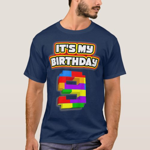 Kids 9 Year Old 9th Birthday Toy Building Block T_Shirt