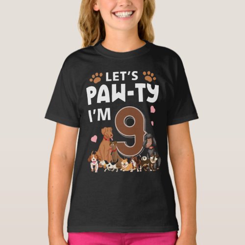 Kids 9 Year Old Dog Birthday Pawty Dogs 9th Party T_Shirt