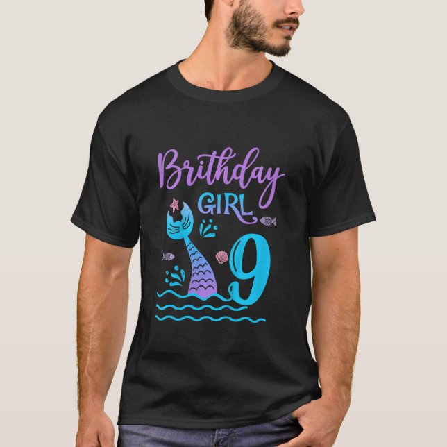 Kids 9 Year Old Mermaid tail 9th Birthday Girl Dau T-Shirt (Front)