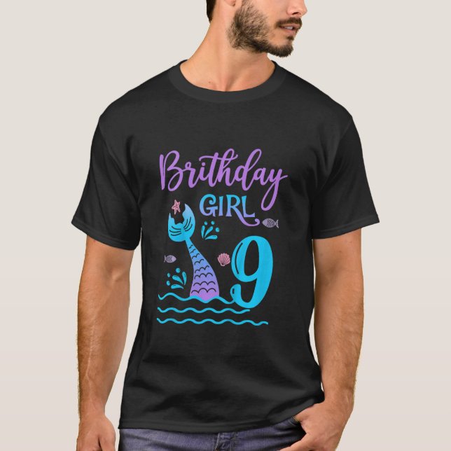 Kids 9 Year Old Mermaid tail 9th Birthday Girl Dau T-Shirt (Front)