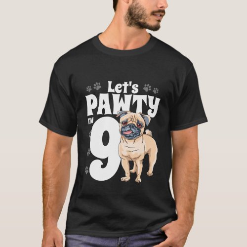 Kids 9 Year Old Pug Birthday Party Puppy Dog Pugs T_Shirt