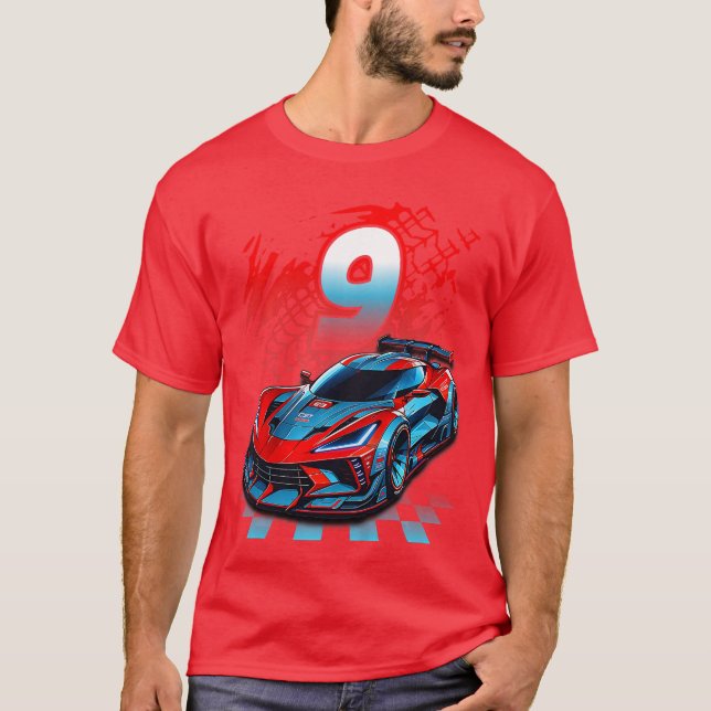 Kids 9 Year Old Race 9th Birthday Party Racing Rac T-Shirt (Front)