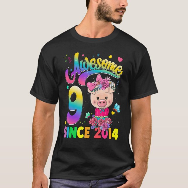 Kids 9 Year Old Since 2014 Princess Pig 9th Birthd T-Shirt (Front)