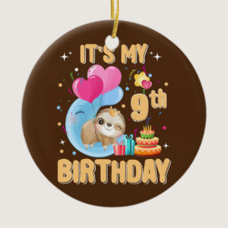 Kids 9 Year Old Sloth 9th Birthday Girl Party Ceramic Ornament