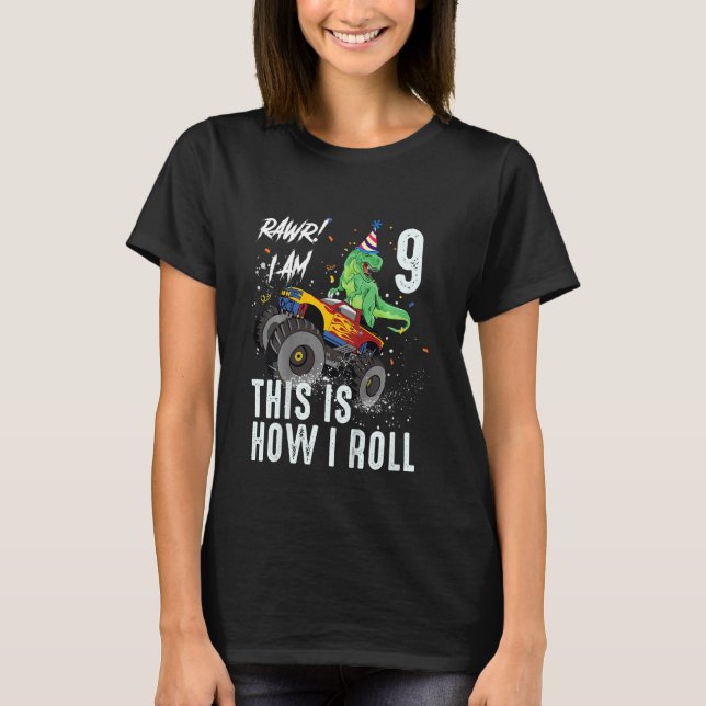 Kids 9 Years Old Rex Dinosaur Monster Truck 9th Bi T-Shirt (Front)