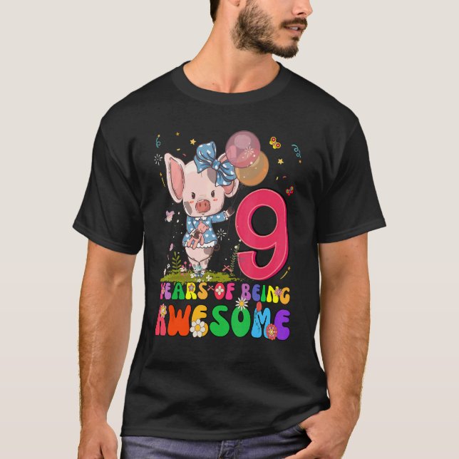 Kids 9 Years Old Teens 9th Birthday Boys Girls Awe T-Shirt (Front)