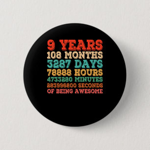 Kids 9th Birthday 9 Years Old Vintage Retro Button