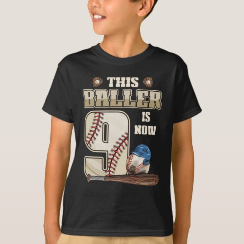 Kids 9th Birthday Baseball Boy Nine Year Old T_Shirt