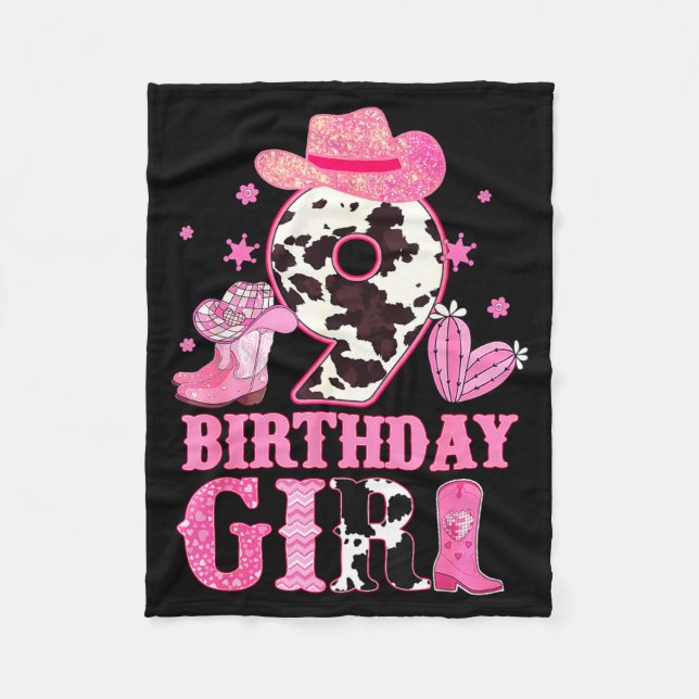 Kids 9th Birthday Girl Rodeo Western Cowgirl Birth Fleece Blanket (Front)