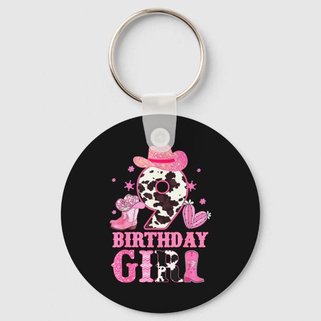 Kids 9th Birthday Girl Rodeo Western Cowgirl Birth Keychain (Front)