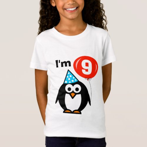 Kids 9th Birthday shirt  penguin with red balloon