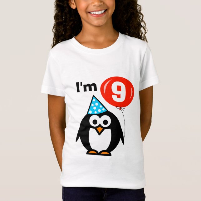 Kids 9th Birthday shirt | penguin with red balloon (Front)