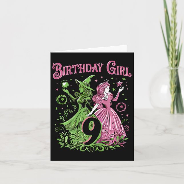 Kids 9th Birthday Witch Pink And Green 9 Years Old Card (Front)