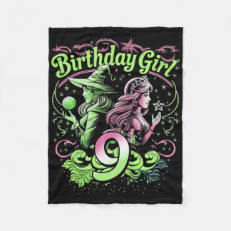 Kids 9th Birthday Witch Pink And Green 9 Years Old Fleece Blanket