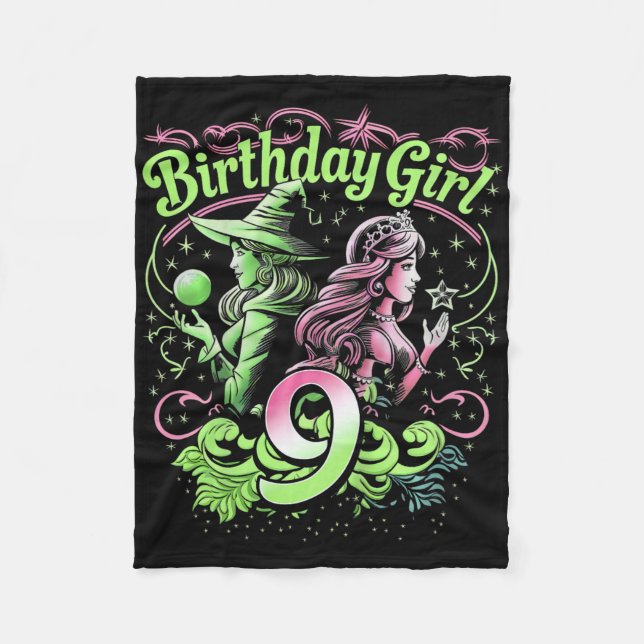 Kids 9th Birthday Witch Pink And Green 9 Years Old Fleece Blanket (Front)