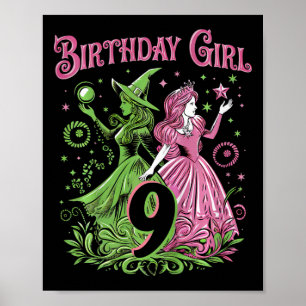 Kids 9th Birthday Witch Pink And Green 9 Years Old Poster