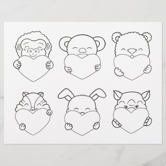 Kids Activity Animal Cartoon Hearts Coloring Page (Front)