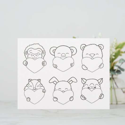 Kids Activity Animal Cartoon Hearts Coloring Page (Standing Front)