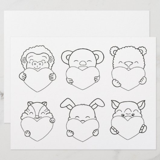Kids Activity Animal Cartoon Hearts Coloring Page (Front/Back)