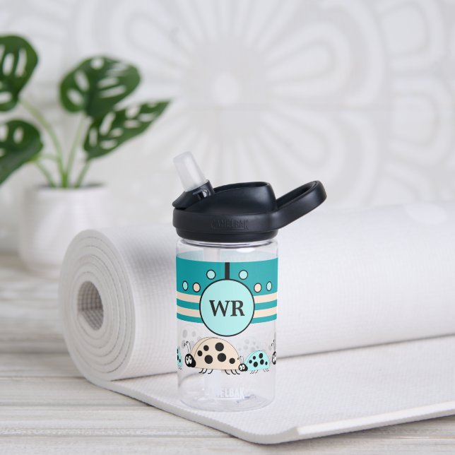 Kids add initials ladybugs turquoise cream water bottle (Yoga)