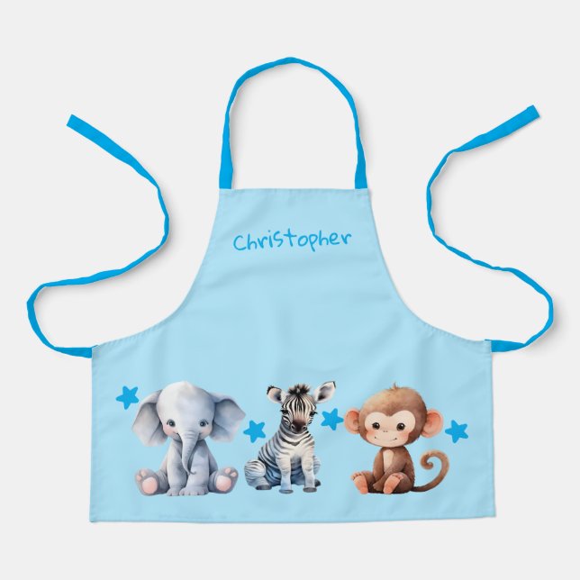 Kid's add name cute animals stars blue apron (Front)