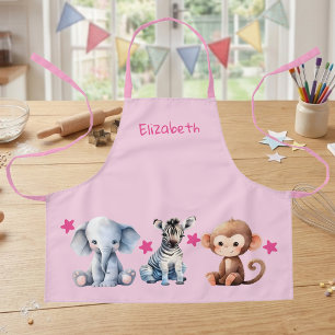 Kid's add name cute animals stars pink apron
