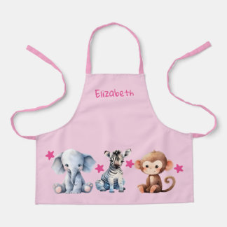 Kid's add name cute animals stars pink apron