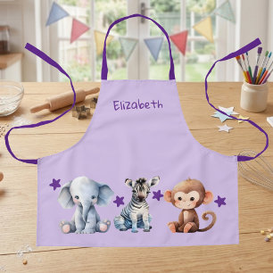 Kid's add name cute animals stars purple apron