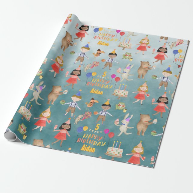Kids Add Their Name & Age Happy Birthday Party  Wrapping Paper (Unrolled)