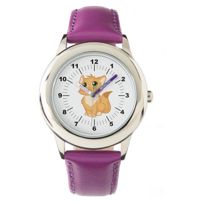 Kid's Adjustable Cute Cat Purple Ribbon Watch (Front)