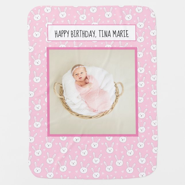 Kids Adorable Bunny Rabbit Easter Pink Hearts Baby Blanket (Front)