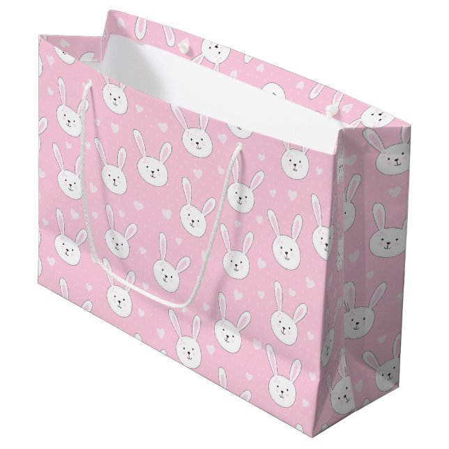 Kids Adorable Bunny Rabbit Easter Pink Hearts Large Gift Bag (Front Angled)