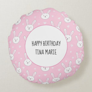 Kids Adorable Bunny Rabbit Easter Pink Hearts Round Pillow