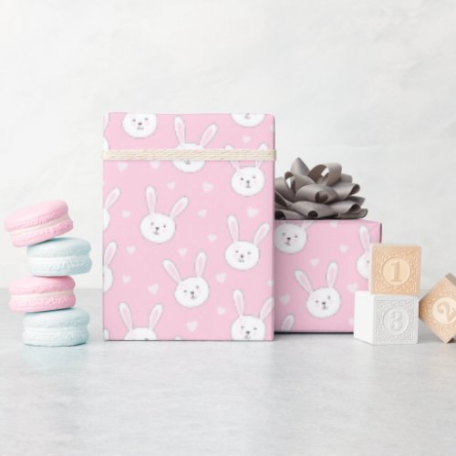 Kids Adorable Bunny Rabbit Easter Pink Hearts Wrapping Paper