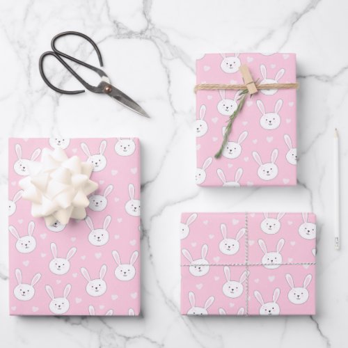 Kids Adorable Bunny Rabbit Easter Pink Hearts Wrapping Paper Sheets