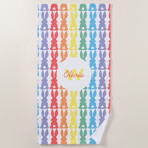 Kids Adorable Personalized Rainbow Bunny Pattern Beach Towel