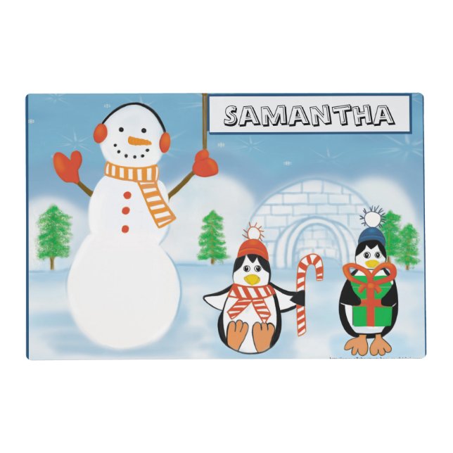 Kids Adorable Snowman Christmas Holiday Two-Sided Placemat (Front)
