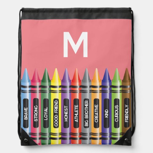 Kids Affirmations Crayons Pink White Bold Monogram Drawstring Bag