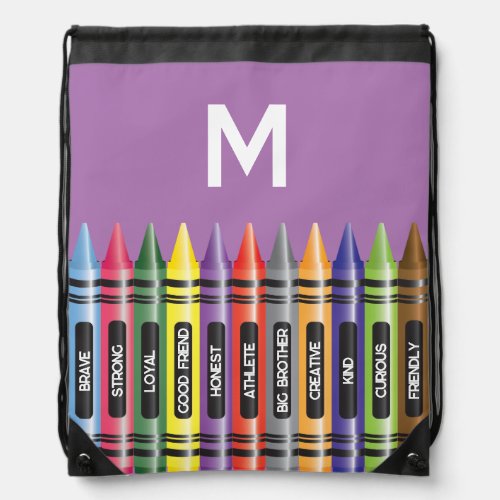 Kids Affirmations Crayons Purple White Monogram Drawstring Bag