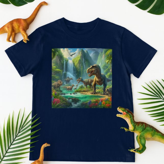 Kids AI Art Dinosaurs Tropical Green T-Shirt (Playful dinosaur tee mockup with toys and tropical leaves on a clean white background)