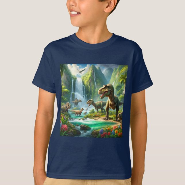 Kids AI Art Dinosaurs Tropical Green T-Shirt (Front)