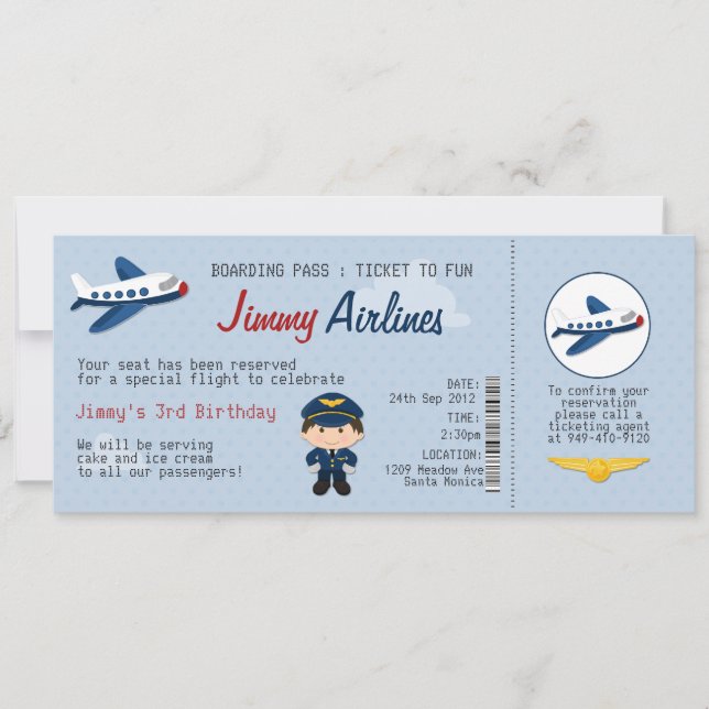 Kids Airline Ticket Birthday Party Invitation (Front)