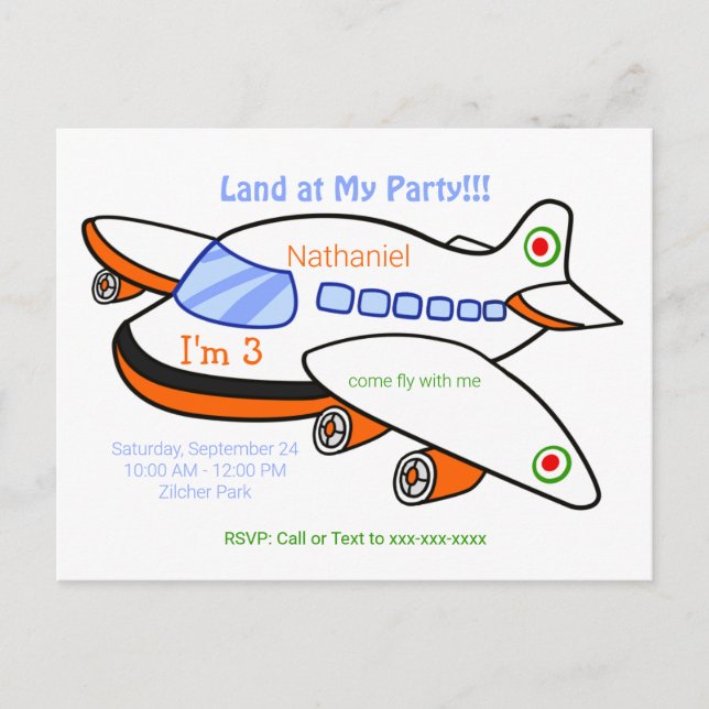 Kids Airplane Land at My Birthday Party Invitation (Front)