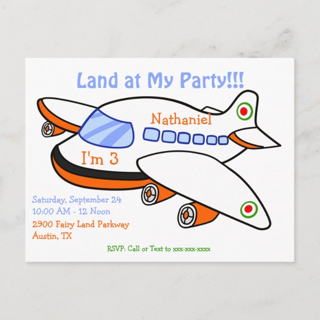 Kids Airplane Land at My Birthday Party Invitation Postcard (Front)