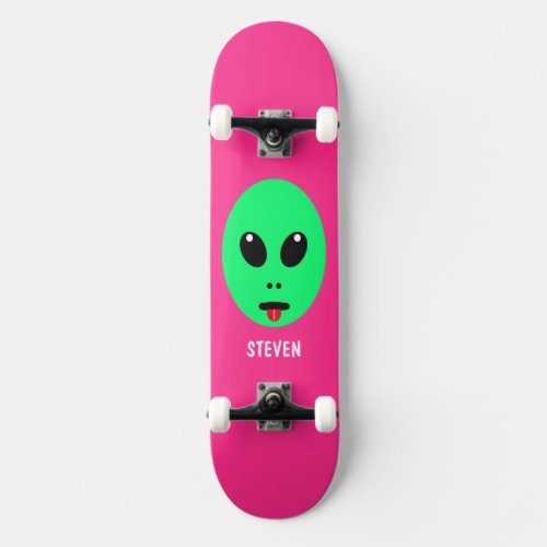 Kids Alien Head Green Pink Personalized Name Skateboard