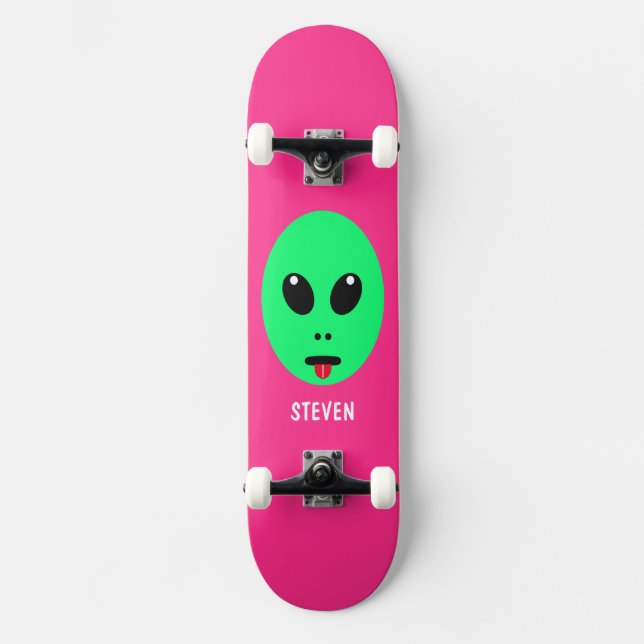 Kids Alien Head Green Pink Personalized Name Skateboard (Front)
