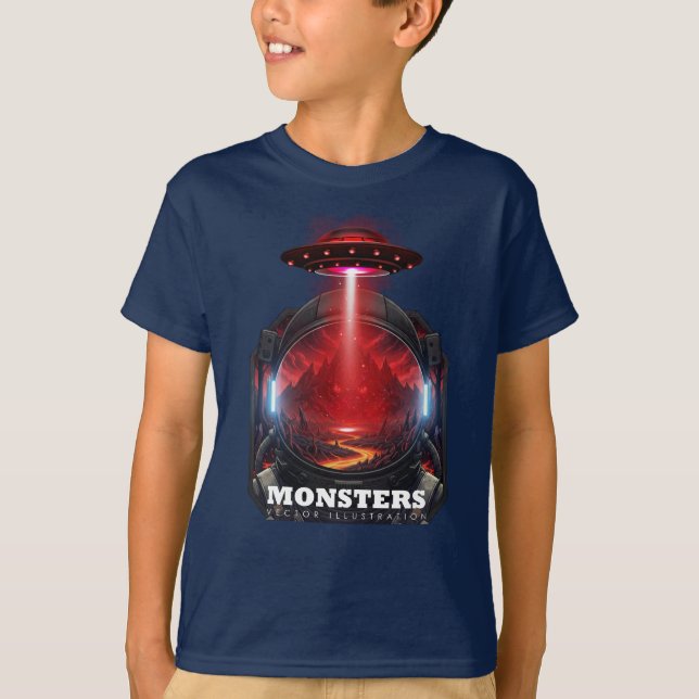 Kids Alien Monster UFO Space Graphic T-Shirt (Front)