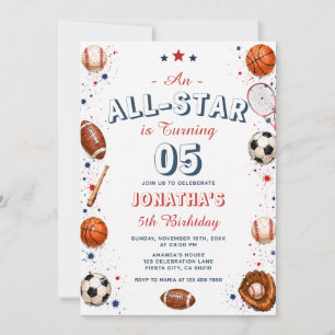 Kids All Star Sports 5th Birthday Party for boy Invitation