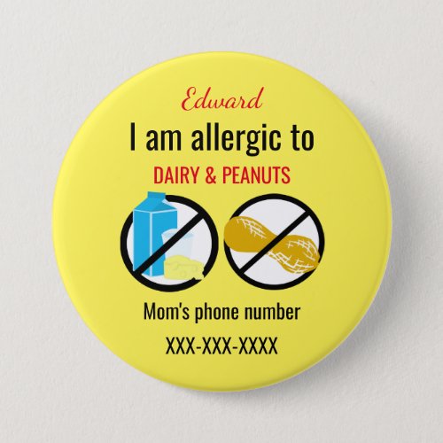 Kids Allergic to Peanuts and Dairy Personalized Button