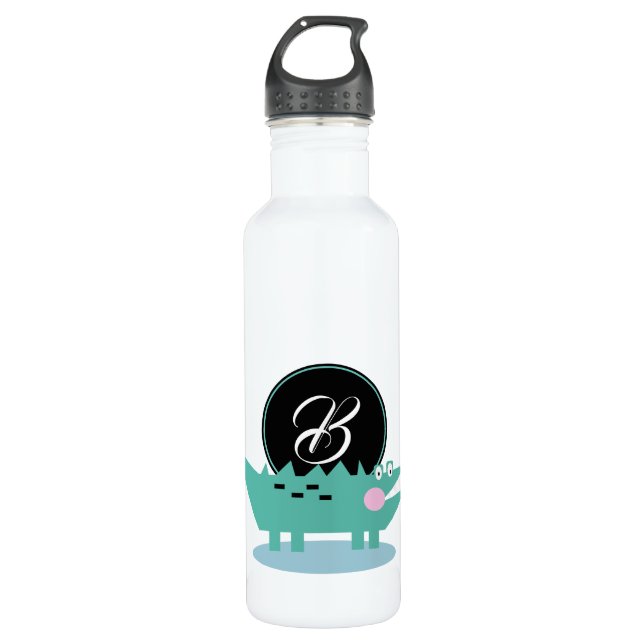 Kids Alligator Crocodile Cute Cartoon Monogram Stainless Steel Water Bottle (Front)